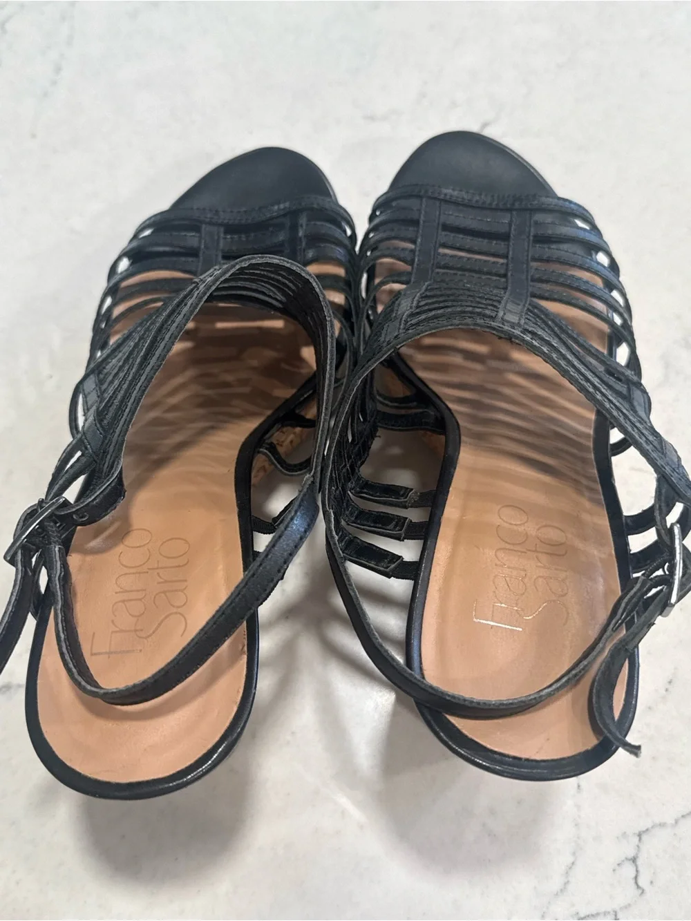 Franco Sarto Women’s Black Strappy Cork Wedge Ankle Strap Sandals US 8